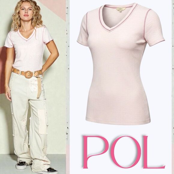 POL Pink V-Neck Short Sleeve Ribbed T-Shirt Contrast Overlock Stitching Med NEW - Picture 2 of 9